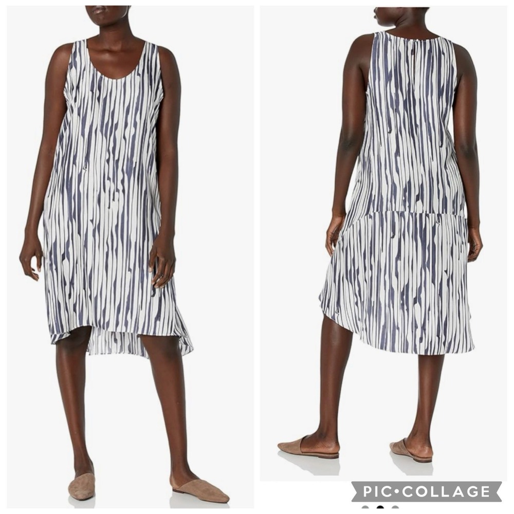 Theory Dress 100% Silk‎ Size 4 Ivory Navy Broken Stripe Twill Lagenlook New NWT